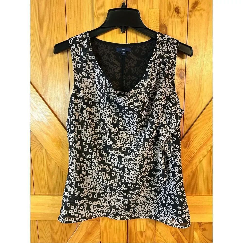 GAP Sleeveless Drape Neck Ruffle Black Tan Print Blouse Size Small (8378)